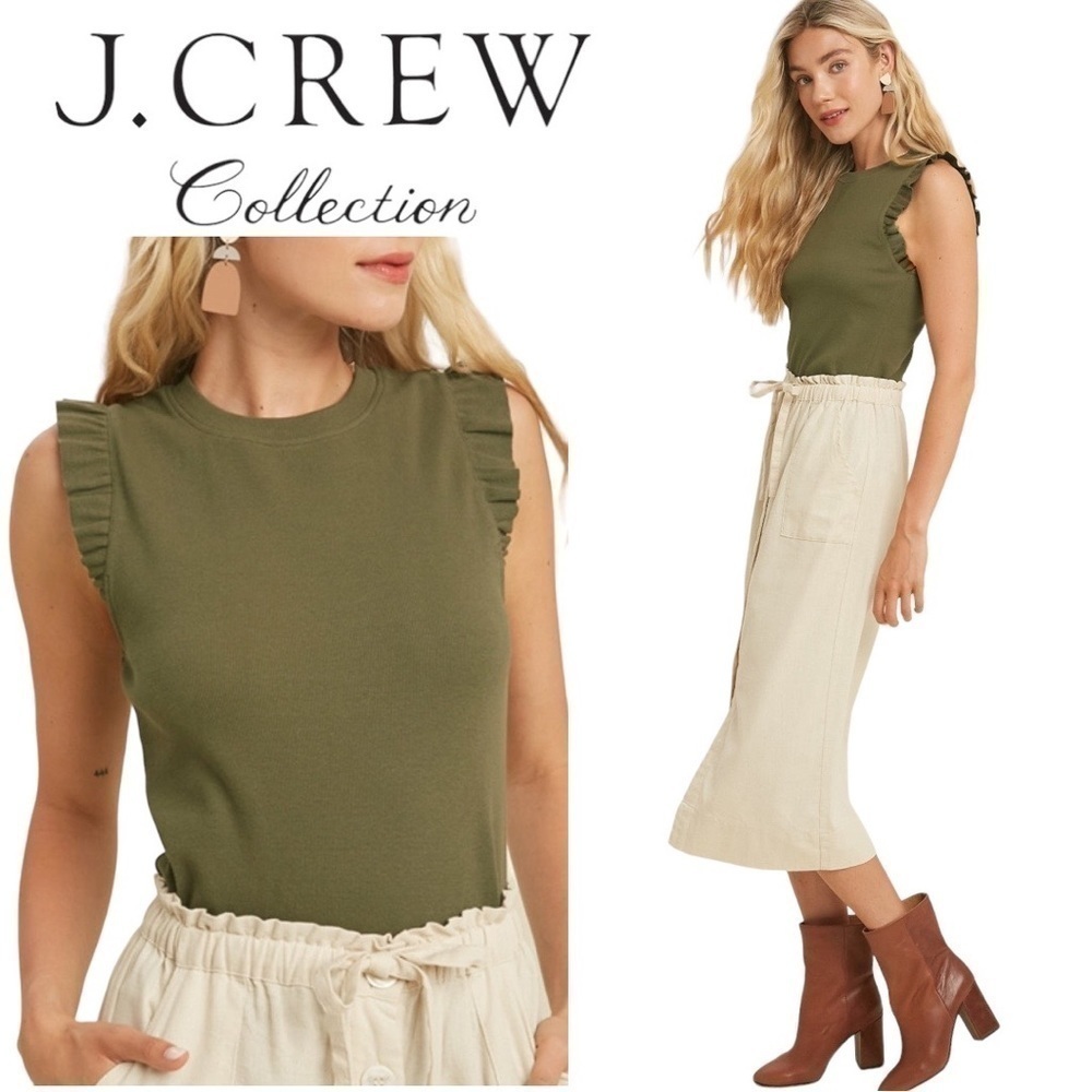 J. Crew Olive Green Ribbed Ruffle Sleeve Round Neck Knit Tank Women’s Size XS